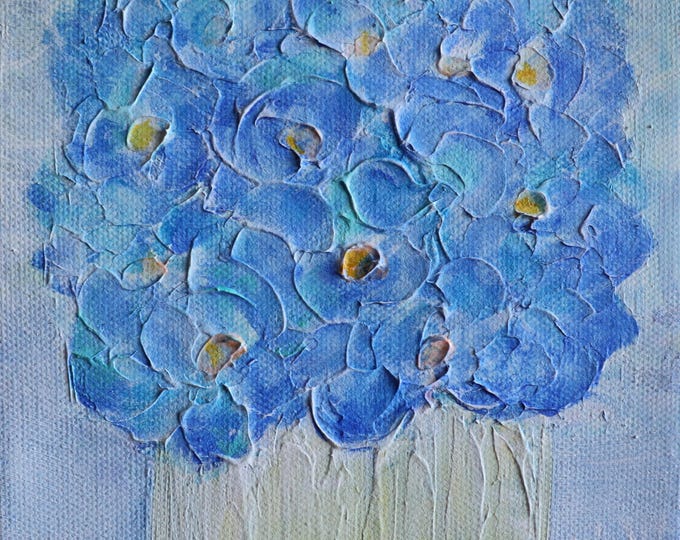 Blue Anemones Oil Painting 6x6 Original Floral Art Impasto Small Canvas Signed COA