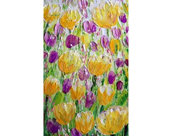 Spring Blooming Crocus Flowers and TULIPS Original Impasto Oil painting Vertical Canvas