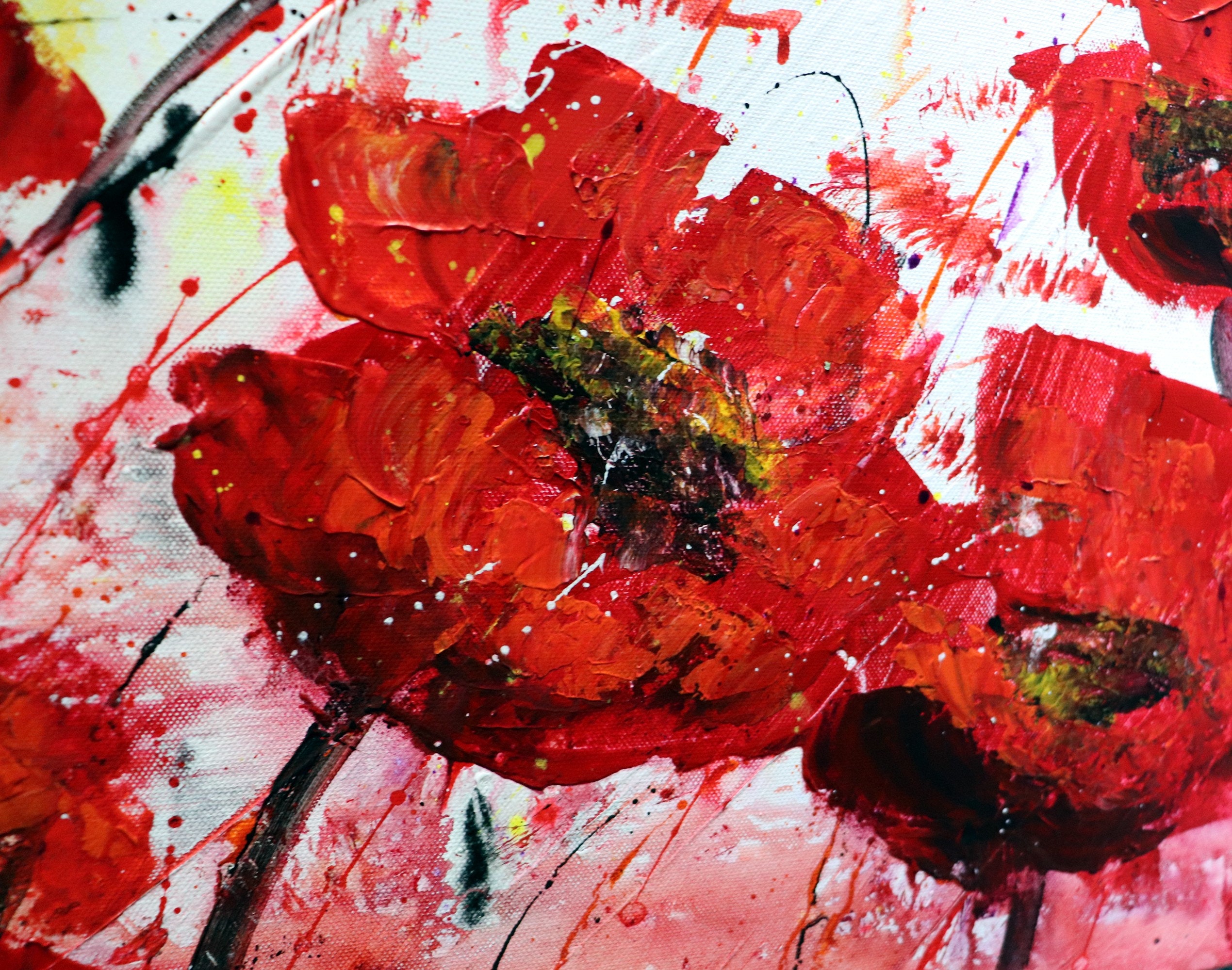 RED Abstract POPPY Flowers WHITE Gray Black Large Canvas Original