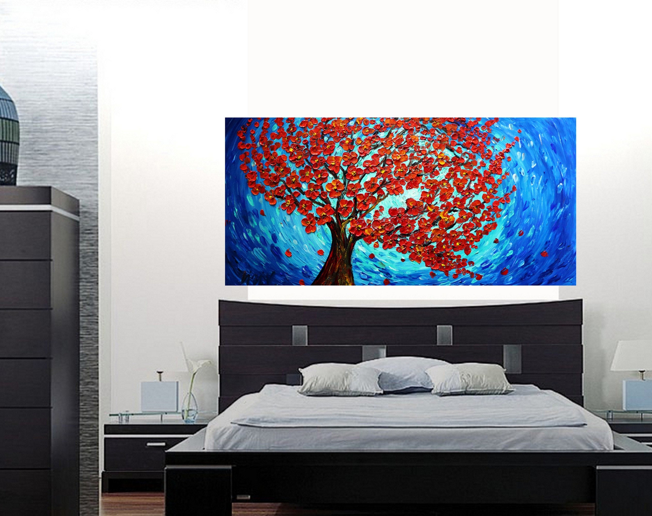 Red Orange SAKURA Blossom Cherry Tree Blue Moon Original Painting