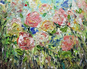 Square Floral Original Painting GARDEN English ROSES Abstract Flowers Oil Impasto