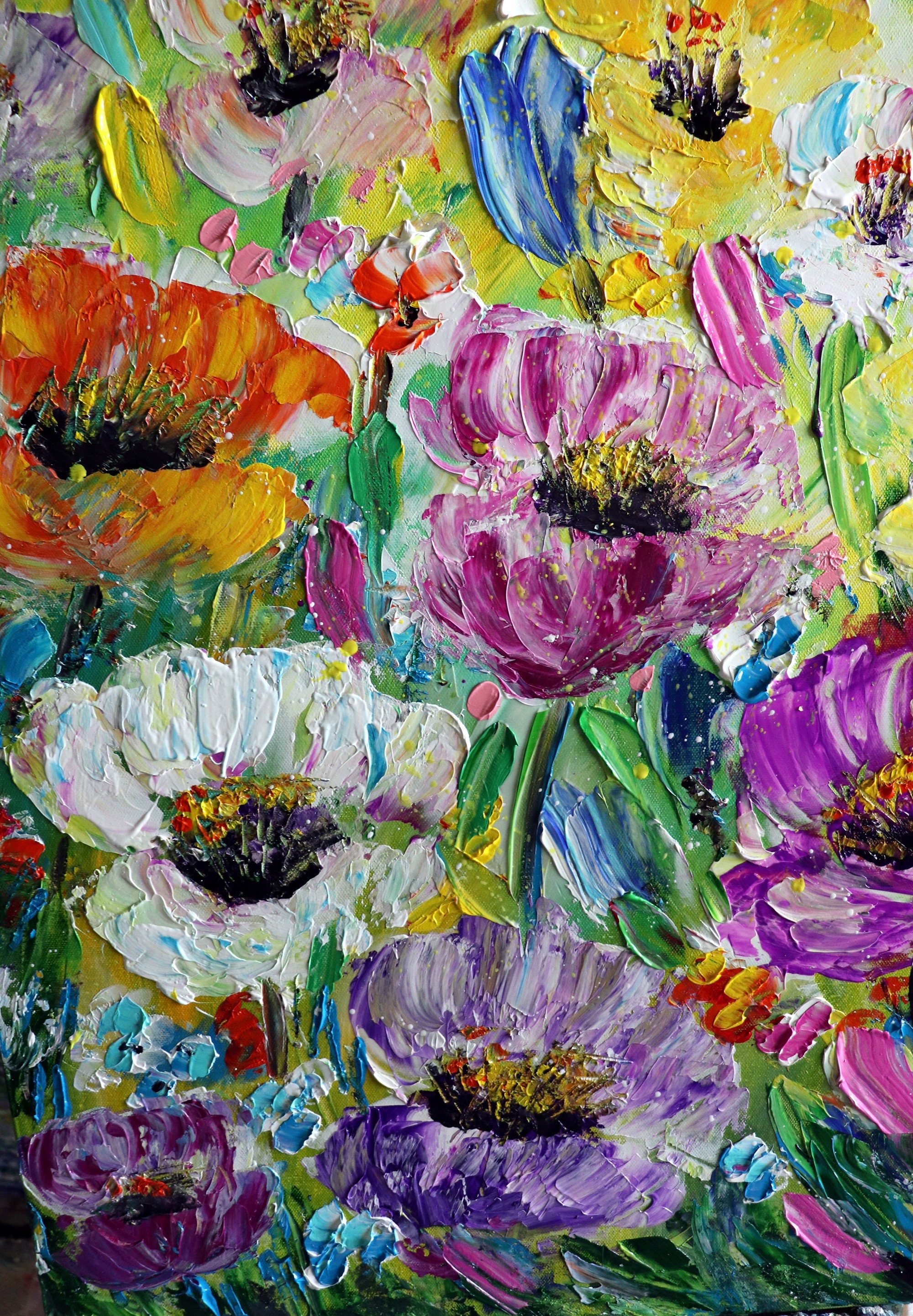 COUNTRY ZINNIAS CORNFLOWERS Original Oil Painting Square Canvas Flowers  Landscape Art by Luiza Vizoli