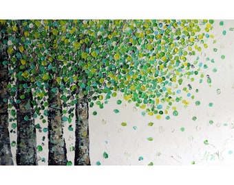 Spring Birch Trees Large Abstract Painting White Green Modern Large Canvas