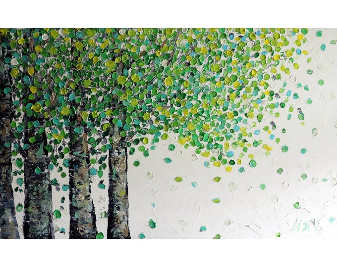 Spring Birch Trees Large Abstract Painting White Green Modern Large Canvas