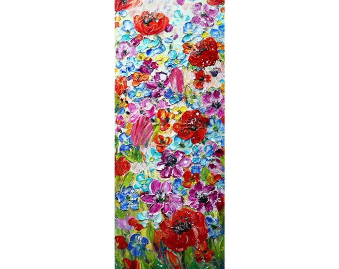 Spring Country Flowers Vivid Blossom Tall Vertical Narrow Painting Original Oil Impasto on Canvas ready to hang, ready to ship