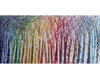 Abstract Seasons 60x36 Painting Rainbow Colorful Trees on White Large Canvas
