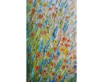 Textured Floral Painting: Blue Yellow Wildflowers, 12x24 Vertical Canvas