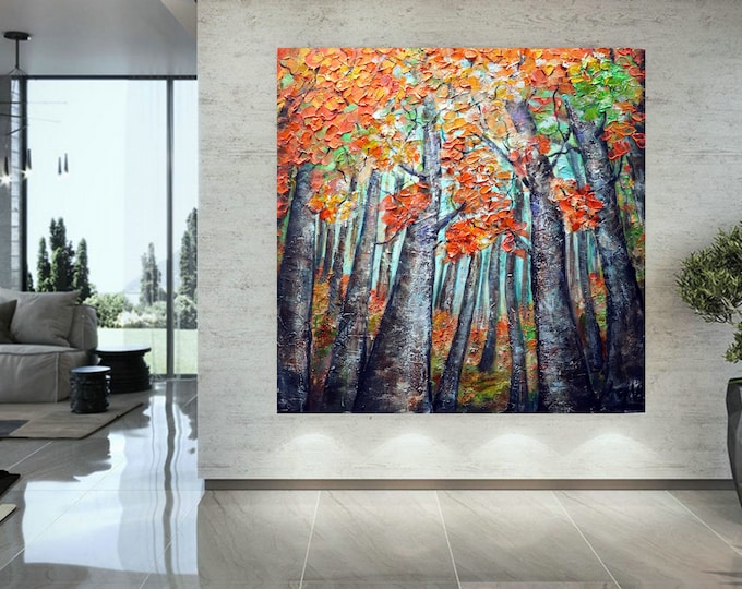 Orange Glow Fall Birch Trees Original Oil Impasto Painting