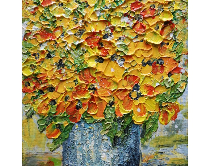 Yellow Flowers Bouquet Blue Gray Vase Original Oil painting Impasto Art on Canvas
