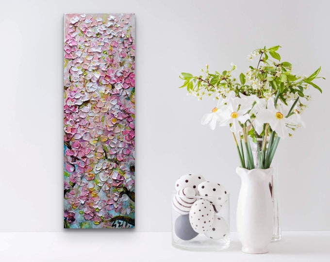 Cherry Blossom Painting, Vertical Pink Sakura Wall Art, Narrow Floral Canvas Original