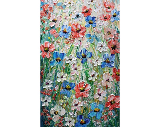 Anemones Gerbera Daisies Wildflowers FLOWERS in Bloom Original Oil Painting by Luiza Vizoli , vertical tall narrow canvas