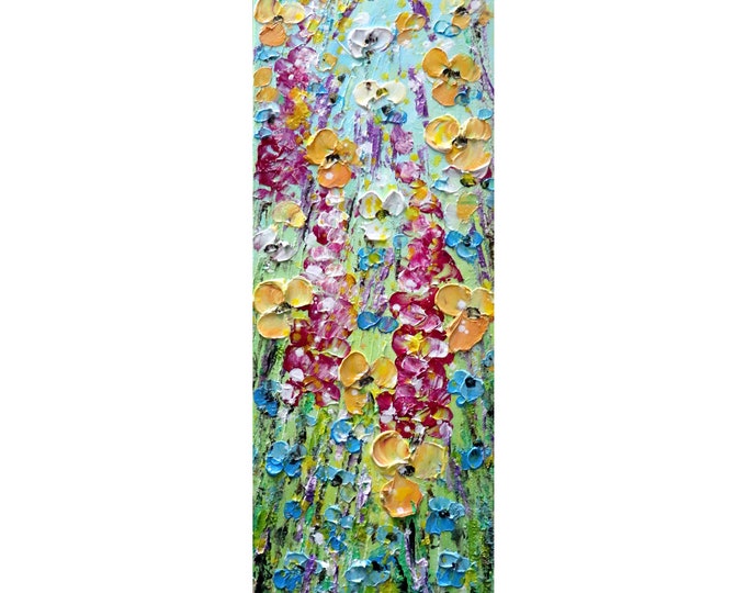 Wildflower Impasto Oil Painting: Lupine, Forget-Me-Nots on Vertical Canvas