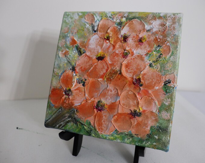 Peach Flower Painting, Small Original Oil Painting, Textured Floral Art, 6x6
