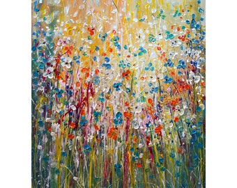 Colorful artwork, wild flower art, abstract Pollock-inspired large painting, modern expressionist floral on canvas, made to order