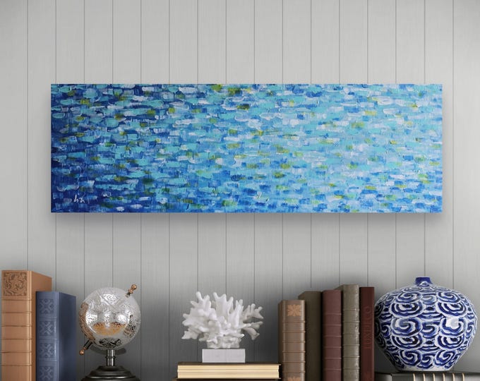 Original Water Reflection Painting 36x12, Textured Blue Coastal Wall Art