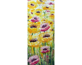 Poppy Flowers Original Oil Painting California Summer Impasto Textured Narrow Canvas Yellow Pink Green White