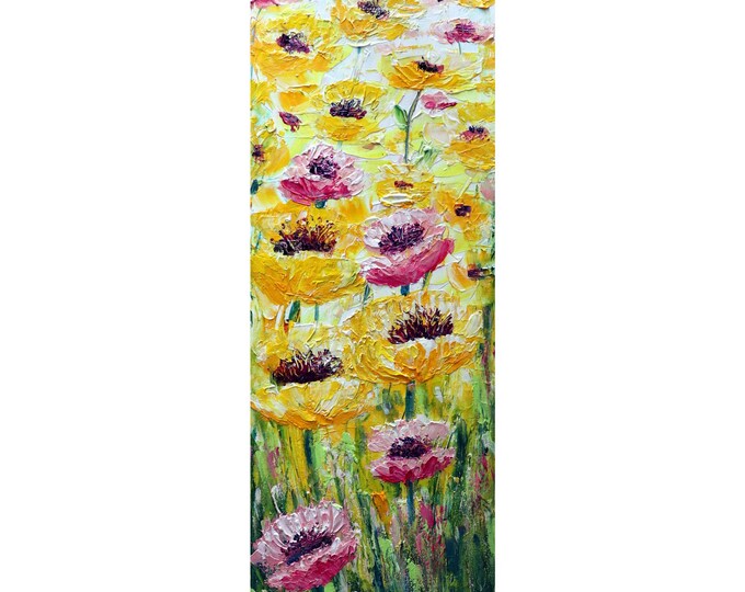 Poppy Flowers Original Oil Painting California Summer Impasto Textured Narrow Canvas Yellow Pink Green White