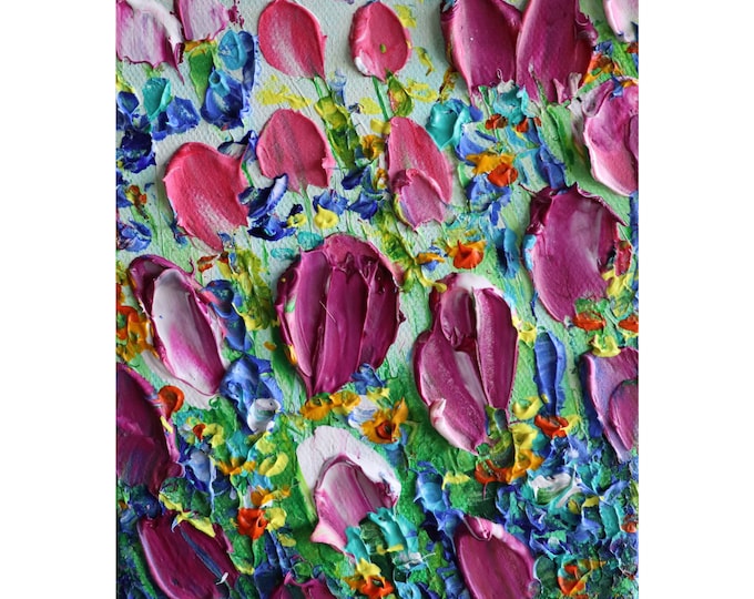 Pink Purple Tulips Spring Flowers Small Original Painting Textured Impasto