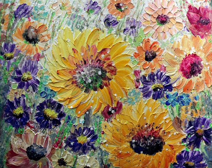 Summer Meadow Flowers Original Oil Painting on Large Canvas Ready to Ship Art by Luiza Vizoli