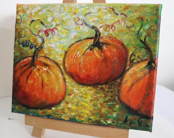 Original Pumpkin Painting, 10x8 Oil on Canvas, Fall Autumn Wall Art