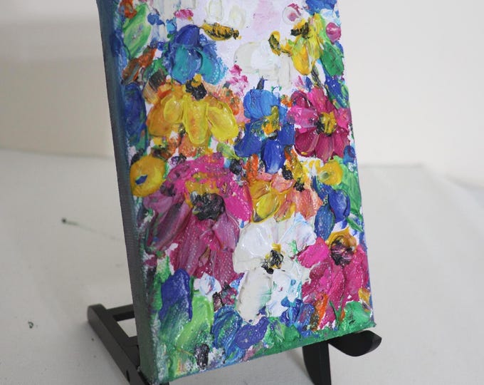Original Mini Wildflower Painting with Bees, Colorful Floral Art, 4x6