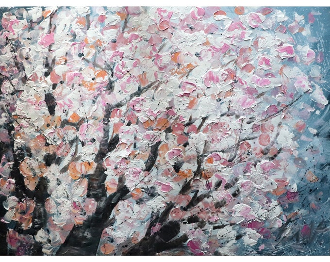 White Gray Pink Flowers Blossom SAKURA Original Large Painting Abstract Canvas Huge Artwork Spring MUSIC