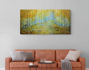 Original Golden Forest Painting, 48x24 Textured Woodland Path Canvas