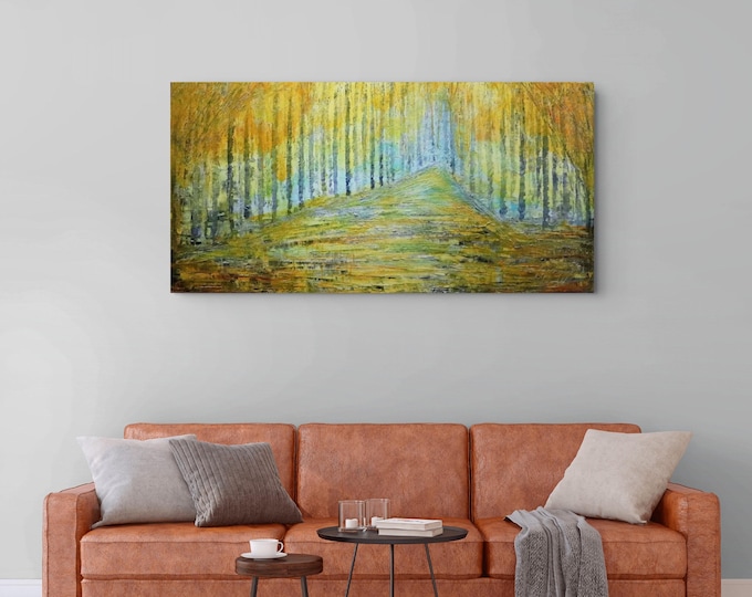 Original Golden Forest Painting, 48x24 Textured Woodland Path Canvas