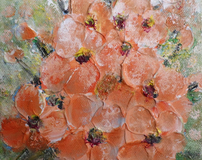 Peach Flower Painting, Small Original Oil Painting, Textured Floral Art, 6x6
