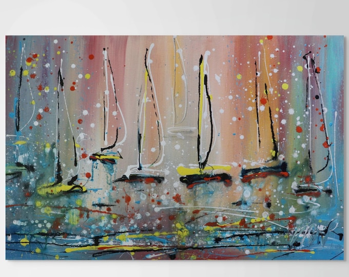 Abstract Sailboat Painting 36x24, Colorful Coastal Wall Art, Modern Nautical Canvas, Original Drip Painting