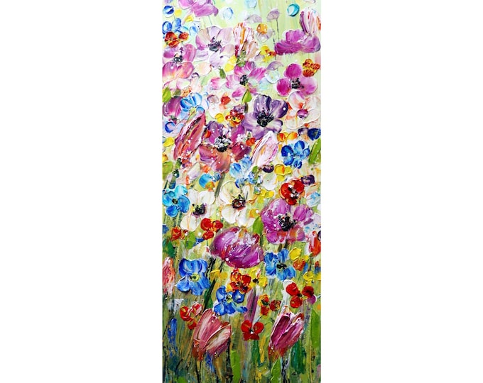 Tall Vertical Flowers wall art ORIGINAL Painting  VIVID SPRING abstract, Long Narrow wall decor for staircase, bathroom, kitchen, entryway