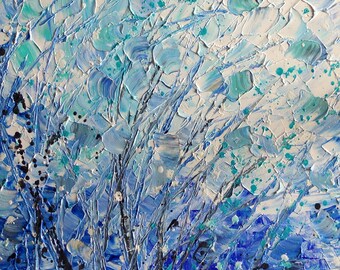 Abstract Large Painting White Blue Water and Flowers Impasto Textured Original Art