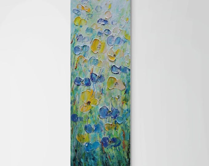 Vertical Wildflower Painting Blue Yellow Floral Wall Art Long Narrow Canvas Original