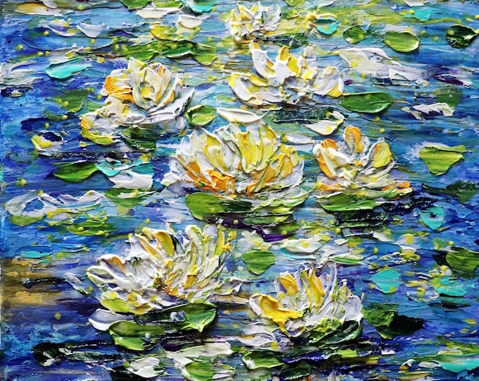 Yellow Lotus Water Lily Reflections Abstract Original Painting BLUE LAKE Impasto Textured Oil