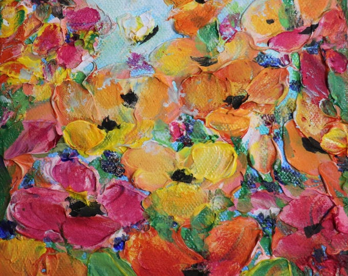 Bright Floral Oil Painting, Orange Pink Textured Flower Art, 6x6