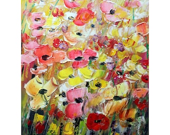 Summer Pastel Flowers Sunshine Original Oil Painting Vertical Tall Canvas Art Wildflowers Abstract