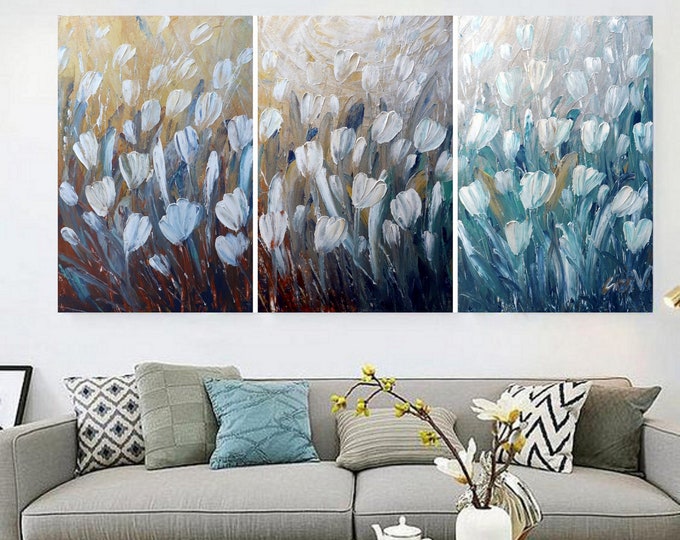 WHITE TULIPS 72x36 Large Painting Original Modern Abstract Palette Knife Textured Metallic Silver Gold XLarge Triptych Artwork
