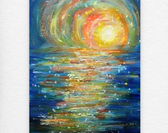 Sunrise colorful artwork, original art, ocean painting, impressionistic landscape, vibrant colors, water abstract