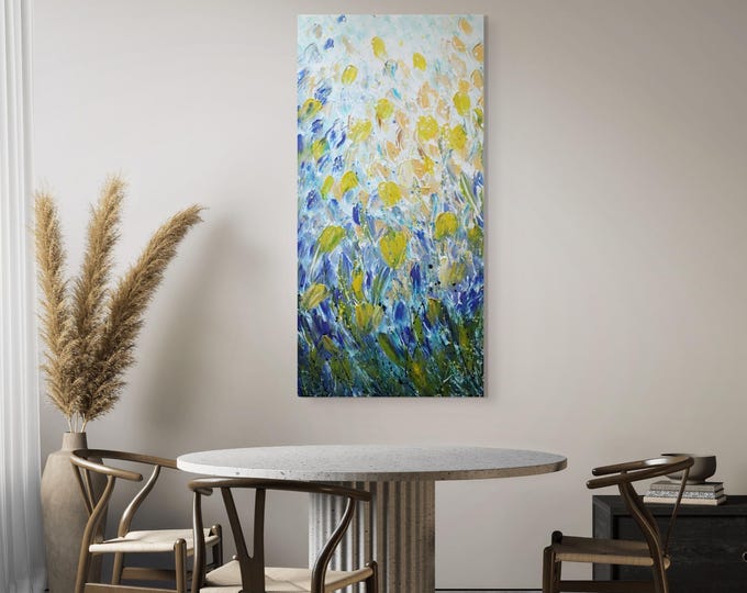 Large Wildflower Painting Original Floral Wall Art, Blue Yellow Textured Canvas 24x48