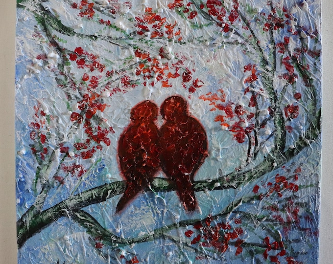Original Red Love Birds Painting, 12x12 Textured Oil Acrylic Canvas Art, Signed