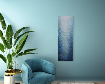 Textured Blue Water Reflection Painting, Original Coastal Canvas Art (12"x36")