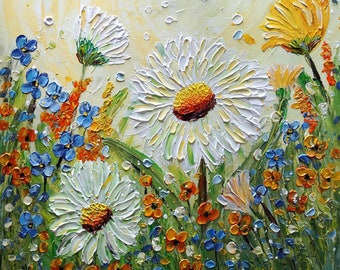 Chamomile Flowers Forget Me Not Spring Orange Yellow Green Impasto Oil Painting Art by Luiza Vizoli