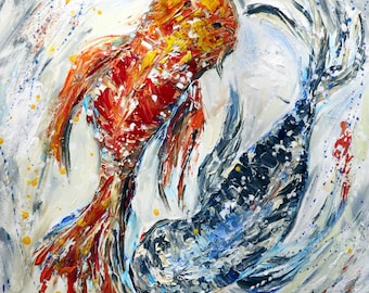 Abstract Fish Painting Palette Knife Textured Artwork Modern Art on square Canvas Japanese Carp