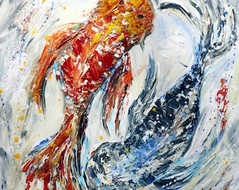 KOI FISH Abstract Painting Palette Knife Textured Artwork Modern Art on square Canvas Japanese Carp