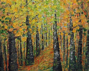 Original Textured Autumn Woodland Painting, Golden Tree Path