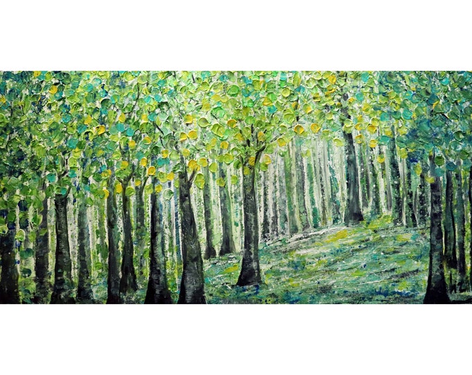 Abstract SUMMER FOREST Landscape Green White Blue Aqua Oil Painting Large Canvas Art by Luiza Vizoli