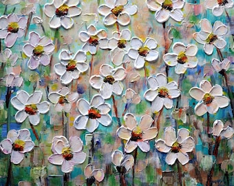 Daisy Artwork, Impasto Oil Painting of Daisies, Floral Canvas, Spring Summer Flowers, Original Canvas, Impressionism Art