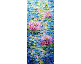 Water LILY Tall Oil Painting thick  impasto vertical wall art ORIGINAL canvas abstract, Long Narrow Heavy Textured