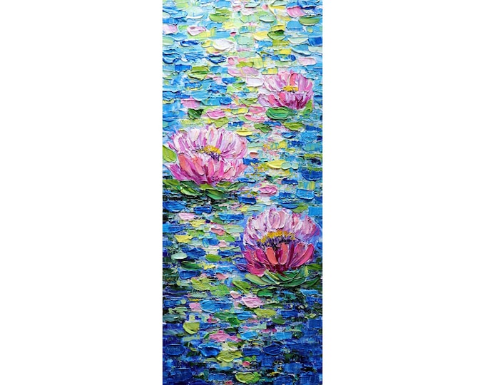 Water LILY Tall Oil Painting thick  impasto vertical wall art ORIGINAL canvas abstract, Long Narrow Heavy Textured