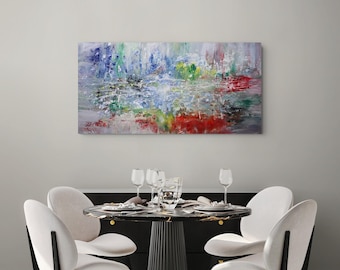 Original Abstract Cityscape Painting 48x24, Reflections After Rain, Large Contemporary Wall Art
